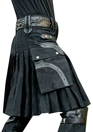 Hombres Escocés Kilt Tradicional - Falda Escocesa Vintage Casual - Tartán Utility Kilt Táctico Cargo, Negro (Schwarz 2), L