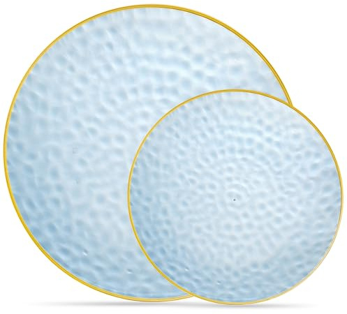 PLASTICPRO 32 Piece Combo Plates Set includes 16-7'' inch Plates & 16-10'' inch Plate Blue Hammered Plastic PartyPlate Premium heavyweight Elegant, Disposable, Tableware, Dishes,