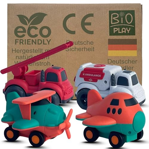 BIOPLAY® Bio Kunststoff Sandspielzeug ab 1 Jahr [4-er Set] | B-Ware mit kleinen Verpackungsfehlern | Outdoor Spielsachen nachhaltig | Fahrzeuge | Sandkasten Spielzeug Kleinkind