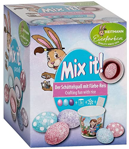 Heitmann Eierfarben - Mix it Pastell - 3 flüssige Eierfarben in rosa, türkis und lila, Becher, Reis, Schablonen und Handschuhe - Kinderleichtes Eierfärben