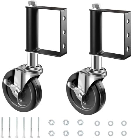 DBREAKS 2er Federbelastete Torrollen,125mm Gummi Torlaufrolle mit Bremse, Hochleistungs Stoßdämpfung Lenkrollen, Feder Schiebetor Schwere Tore mit Universal-Montageplatte, Federbelastete Tor Stützrad