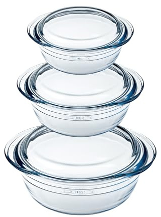 Ôcuisine® Casserole Glass Round Dishes with Handles Oven Safe - Freezer Safe - Microwave Safe Borosilicate Glass Made in France (Set 1.4LT + 2.1LT + 3LT)