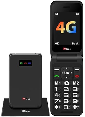 TTfone TT760 Flip 4G stor knapp mobiltelefon för äldre med nödhjälp knapp olåst grundläggande mobiltelefon (svart, med dockladdare)