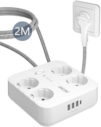 LENCENT 4 Fach Flachstecker Steckdosenleiste, USB Steckdosenleiste mit Überspannungsschutz, 4 AC, 3 USB und 1 Typ C Anschlüsse, Steckerleiste mit 2M Geflochtenem Kabel für Wandsteckdose