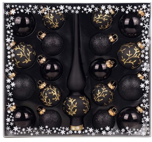 MAGIC Kugelsortiment Glas Dekor 19 TLG. mit Spitze Christbaumkugeln Christbaumschmuck Tannenbaum Deko Weihnachten Weihnachtskugeln (Ebony Black | schwarz)