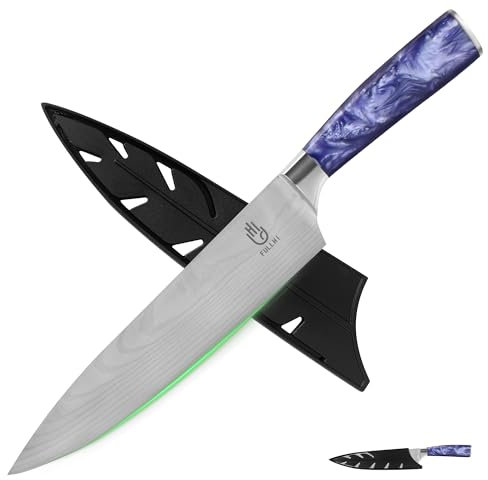 FULLHI Coltelli da cuoco, coltello giapponese da 20 cm con protezione 2 pezzi, coltello da cucina in acciaio inox tedesco di qualità superiore con fodero (Resina viola)