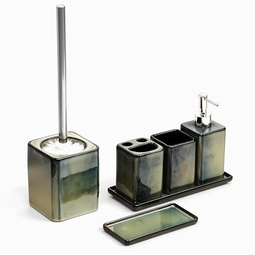 Home Harbour Zen Essence Collection | 6-Piece Green Bathroom Accessories Set | Soap Dispenser, Toothbrush Holder, Tumbler, Vanity Tray, Multipurpose Holder, & Toilet Brush Holder (Set of 6 Green)