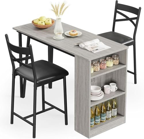 Litake Bartisch Set 3-Teilig, Esstisch Klappbar mit 2 Barhockern und 3 Seitenregalen, Bartisch mit Barhocker Set Esstisch Set Küchentisch Sitzgruppe Industriell für Esszimmer, Küche, Wohnzimmer, Gray