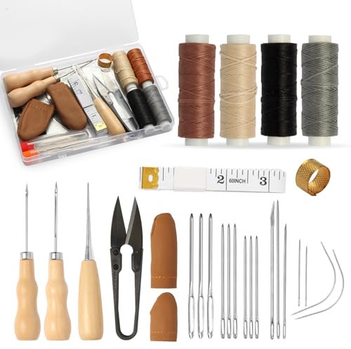Ledernähset mit 4 Rollen Ledergarn, Sattlernadeln & Werkzeugen – für Schuhreparatur, Polstermöbel, Autositze und Segel