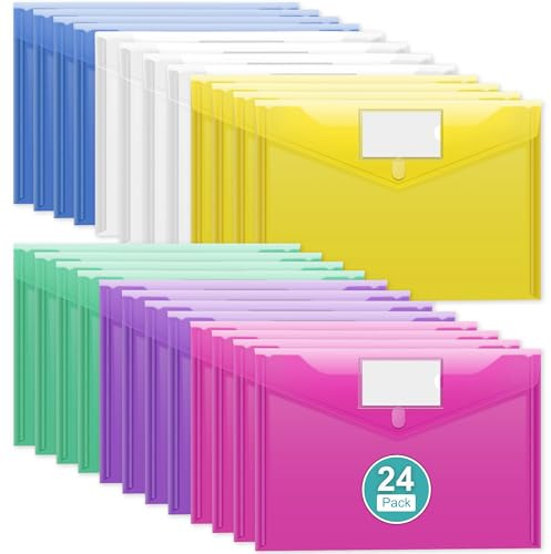 CATIFLIN 24 Pack Plastic Envelopes A4 Letter Size File Folders, Clear Poly Document Holders with Labels, Waterproof Pocket Pouches for School Office Home Organizer Supplies