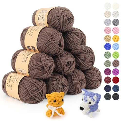 Coopay 10 Pelote de Laine à Tricoter, 450g (10x 45g), Laine Crochet Doux en Coton et Fibre, 5 Brins, Laine Crochet Tricot pour Layette, Fil à Crocheter Écharpe, Couverture, Gant - Café Clair