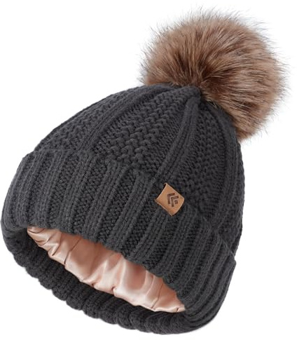 Creekstone tofsmössa satin fodrad mössa för kvinnor flickor, pom pom mössa, varm vinterhatt stickade mössor med fuskpäls pompom, Kolgrå, one size