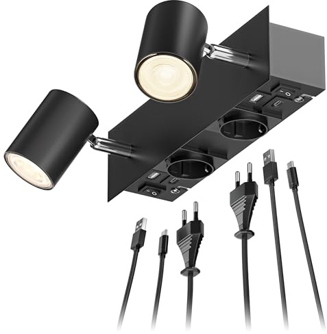 ledscom.de Väggspot WAIKA, 2-flammig, svart, uttag, USB-C, USB-A, inkl. LED GU10-lampor, 1103lm vardera, 33°, varmvit