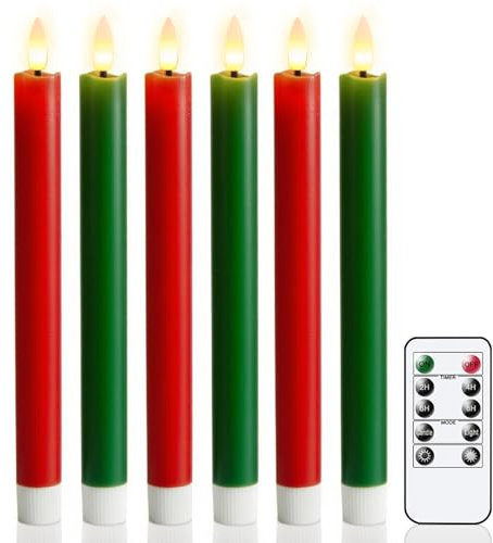 Eldnacele Christmas LED Taper Candles Flickering with Timer, Battery Operated Flameless Taper Candles with Remote, Real Wax LED Candle for Halloween Decorations（3 Red & 3 Green）
