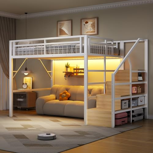 Cama alta de metal de 140 x 200 cm con luz LED, cama doble alta para debajo de la cama, escalera de seguridad con espacio de almacenamiento, color blanco (colchón no incluido)