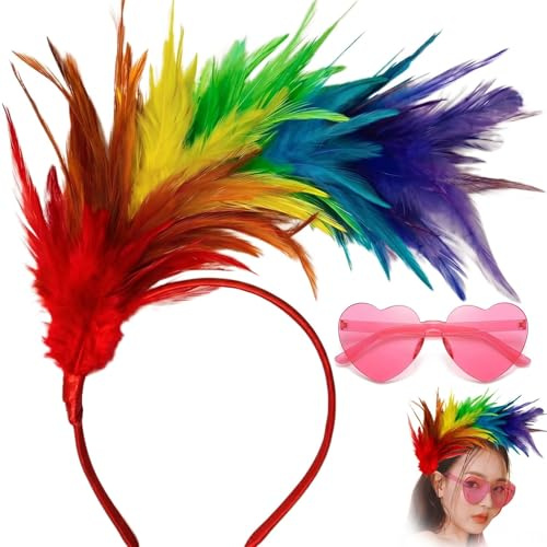 MNYXIS Set 2 Pezzi Accessori Carnevale e Pride: Cerchietto con Piume Colorate e Occhiali Fucsia, Gadget Arcobaleno per Feste a Tema, Parate LGBTQ+, Cosplay e Travestimenti Donna