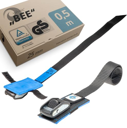 valonic Bee - 2X 0,5m cincha de Amarre con Cierre de apriete, 25mm, 500 Kg, Certificado TÜV Rheinl. / GS, EN-12195-2 - Negro, cinchas para la fijación de la Bicicleta para portabicicletas