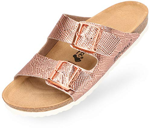 BOnova Schwanberg Damen Snake rosegold in Größe 43. Sommersandale mit Kork-Fußbett. Hausschuh für das ganze Jahr. Hergestellt in der EU.