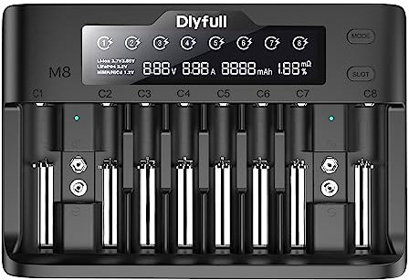 Dlyfull M8 LCD 8 Bays - Cargador de batería universal para baterías de ion de litio de 3.7 V/3.85 V y 3.2 V LiFePO4 16340(RCR123A) 18650 20700 21700 26650 y pilas de 1.2 V NI-MH/Cd AA/AAA/C