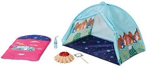 BABY born 832783 Weekend Camping Set - Puppenzubehör Set, Puppenzelt mit Schlafsack, Lagerfeuer mit Lichtfunktion, Marshmallow-Stick und Limoflasche, Rosa