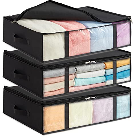 Lifewit 40L Under Bed Storage Containers 3 Pack, Foldable Clothing Storage Bags with Front Clear Window, Closet Organizers and Storage for Towels, Clothes, Blankets, Black