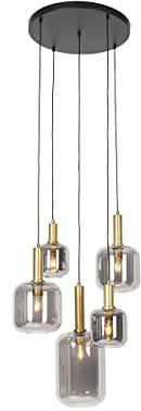 Qazqa - Modern Hängelampe I Pendellampe I Pendelleuchte schwarz mit Gold I Messing mit Rauchglas 5-flammig – Zuzanna I Wohnzimmer I Schlafzimmer - Rund - LED geeignet E27