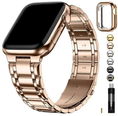 Fullmosa Rem kompatibel med Apple Watch, 41 mm, 40 mm, 38 mm, rostfritt stål, reserv, iWatch-band med TPU-skyddsfodral för serie 1–9, SE, roséguld | [INGEN klocka] 49/46/45/44/42/41/40/38 mm, stålband för iWatch Ultra3/2/1 SE3/2/1 Series 11 10 9 8 7 6 5 4 3 2 1