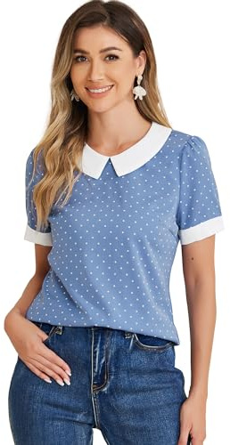 Allegra K Chemisier vintage à pois pour femme avec col claudine années 1950, Bleu poussiéreux., Taille L