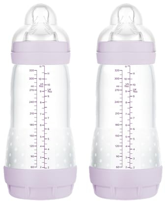 MAM Pack 2 Biberones Anticólicos, a partir de 4 Meses, 320ml, con Tetina 3 Flujo Rápido de Fácil Aceptación, Autoesterilizable y Fácil de Limpiar, MAM Easy Start Anti-Colic, Rosa Mate, Pack de 2uds