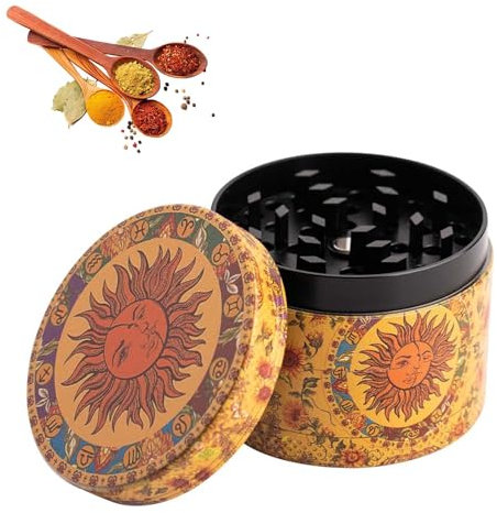 Pollen Grinder Crusher Kräutermühle Vintage Sun Kräutermühle Metall Mahlwerk Messerscharfes Mahlwerk für Gewürze Kräuter Pollen Vanille mit Pollenschaber Gelbe 50 mm