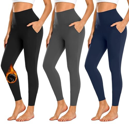 FuelMeFoot 3er Pack Thermo Leggings mit Taschen gefüttert Leggings Damen High Waist Leggins Warm Winter. 02-Schwarz/Dunkelgrau/Navy L/XL