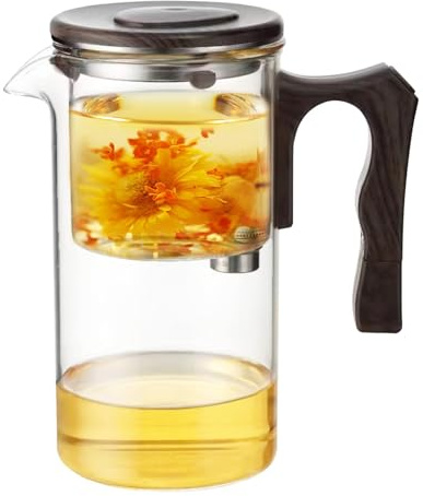 Tekanna i glas – Tekanna med infusionsanordning och trähandtag | Vattenkokare av klar borosilikatglas för att brygga grönt och svart te | Värmebeständig tebryggare med avtagbar infusionsenhet, perfekt