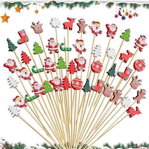KASESSS 100 Pezzi Natalizi Stuzzicadenti Decorativi con 14 Stili Deco, Stuzzicadenti Natalizi da Cocktail 12cm Stuzzicadenti in Legno per Frutta per Antipasti Frutta Dessert Forniture per Natale Feste