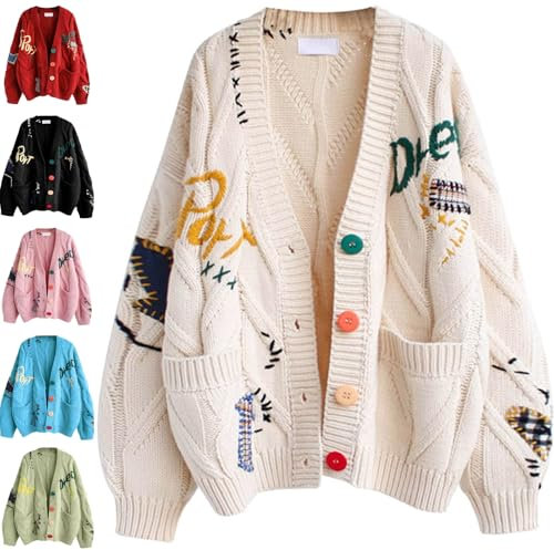Strickjacke Damen Zopfmuster Cardigan - Lange Ärmel Grobstrickjacke Dicke Offene Vorderseite Zopfstrick V-Ausschnitt Knopfleiste Sweater Elegant Cartoon Stickerei Outdoor Kleidung Mit Tasche
