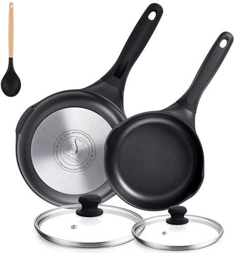 Stone&Stone Set 2 Padelle Antiaderenti 24cm e 28cm Rivestimento Ceramico Tedesco GREBLON Super Antiaderente, Alluminio e Acciaio per Induzione e Gas Prive di PFAS, PTFE PFOA + 2 Coperchi + 2 Cucchiai