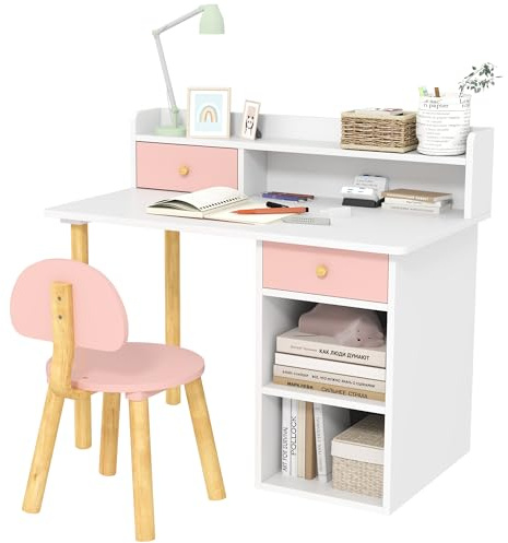 AIYAPLAY Kids Desk and Chair Set, Children Study Table with Hutch, Storage, Drawer, Shelves, for Studying, Reading, Drawing, for Ages 3-8 Years, Pink