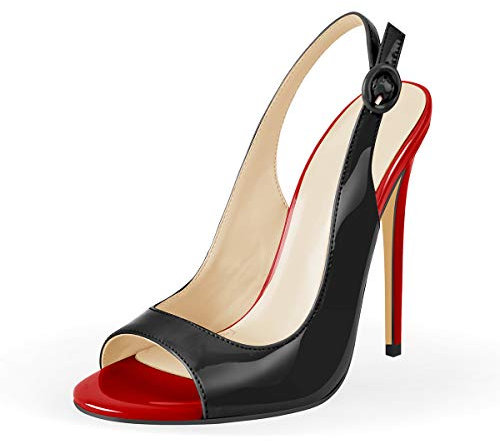 Meinabsatz Damen Sandaletten Stiletto High Heels Offene Zehen Slingback Sandaletten mit Riemchen Schnalle Lack Zweifarbig Schwarz Rot 41 EU