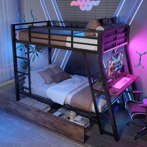 Zravenna Letto a castello in metallo 90 x 200 cm, letto a castello in metallo con cassetti, ringhiere, scale e scrivania, per bambini, ragazzi e adulti, senza materasso. (nero)