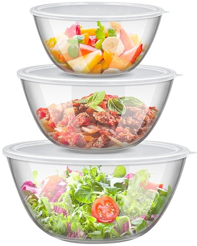 Xaztr 3 Pack Glass Mixing Salad Bowl with Lid, Large Kitchen Salad Serving Bowl High Borosilicate Glass Nesting Bowls for Cooking, Baking, Prepping, Microwave Safe(4.5QT, 2.7QT, 1.1QT)
