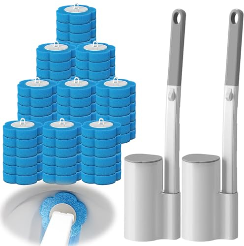 Set di 2 scopino per WC usa e getta, con 60 ricariche di pulizia, sistema di pulizia del WC usa e getta, testina di ricambio con manico per WC, pulizia del bagno, vasca da bagno, pavimento