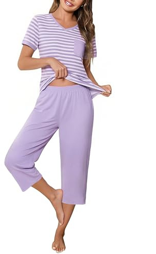 Crewhpo Pyjama Femme 2 Pièces T-Shirt Manches Courtes Pantalon Capri Rayé