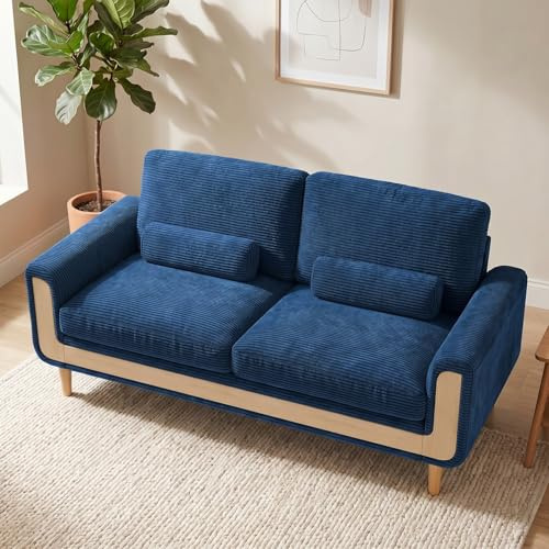 Hroth Large 2 Seater Sofa in Corduroy with Bolster Cushions, Blue | 175 cm Wide, 146 cm Seat, 51 cm Seat Depth, 15 cm High Legs, Solid Wood Frame, Corduroy Upholstery