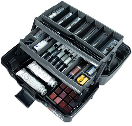 ArtBin 6892AG 2-Tray Art Supply Box, Portable Art & Craft Organizer with Lift-Up Trays, [1] Plastic Storage Case, Gray/Black