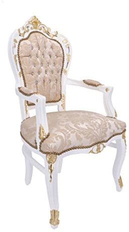 Way Home Store - Poltrona 100% BAROCCO stile francese Luigi XVI - legno laccato Bianco con Intarsi Dorati, tessuto damascato e gemme - dimensioni 68 x 68 x 108 cm