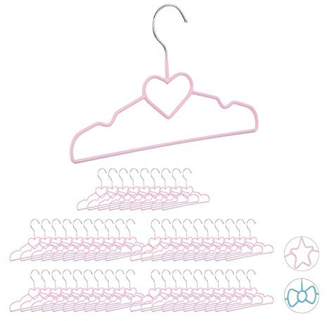 Relaxdays 50 x Kinderkleiderbügel Herz, Drahtbügel, Babybügel, dekorativ & platzsparend, Kinderbügel Metall, 30 cm, rosa