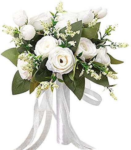 Bouquet de Mariée Artificiel Blanc pour Demoiselle d'honneur - Centres de Table et Fournitures de Décor pour la Fête de Mariage