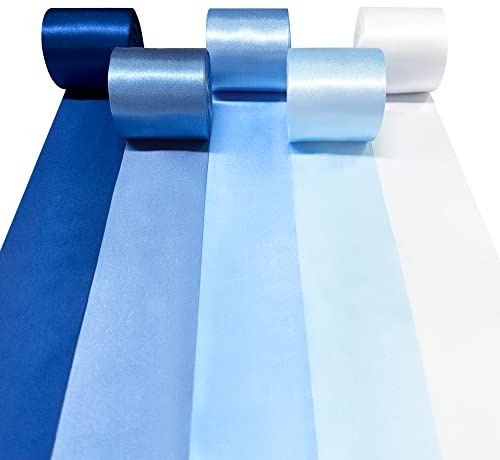 60M Blue White Satin Ribbon 50mm Wide Ombre Blue Fabric Ribbons Large Silk Satin Hanging Streamer Garland for Gift Wrapping Crafts DIY Sewing Hair Bow Birthday Wedding Chair Party Backdrop Decorations