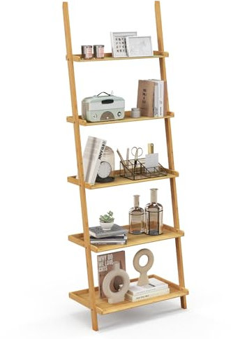 COSTWAY Étagère échelle Bibliothèque 5 Niveaux, Étagère Murale en Bambou 183 cm, Rebords Antichute, Kits Anti-basculement, pour Livres, décorations, pour Salon, Salle de Bain, Bureau, Naturel