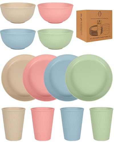 JEJA Vajilla Camping 4 Personas, Cumpleaños Juego de Vajilla, con Platos, Cuencos, Tazas, para Picnic Senderismo Trekking, Serie Clara
