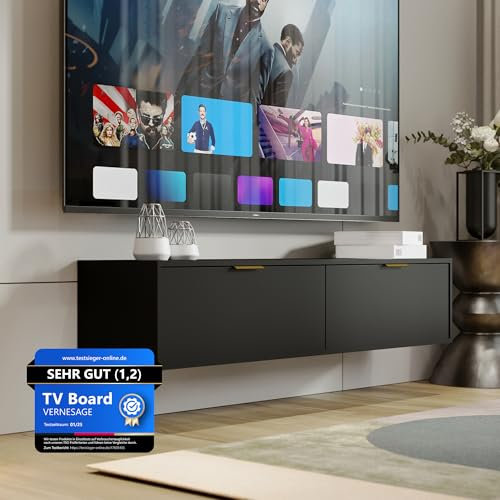 TV-Board Senna (Schwarz, S140) – Fernseh-Lowboard & Schrank mit Kabelmanagement – Sideboard für Wohnzimmer | TV-Tisch, Kommode, Fernseh-Regal | Modern Living Room Cabinet